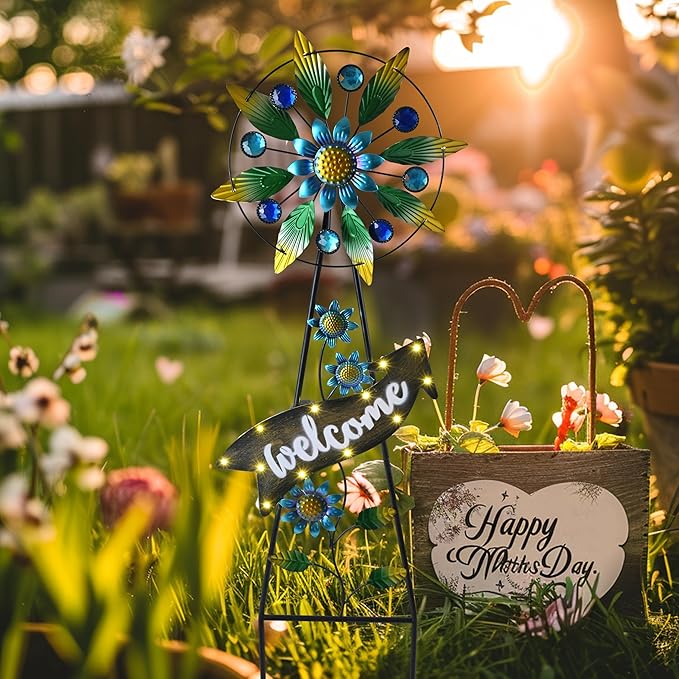TERESA'S COLLECTIONS Hummingbird Garden Solar Stake, Wind Spinner Yard Art Sign for Outdoor Decor, Metal Purple Floral Windmill Decorative Garden Stake for Lawn Ornaments, Gifts for Mom, 26''-Ruum Studio Home