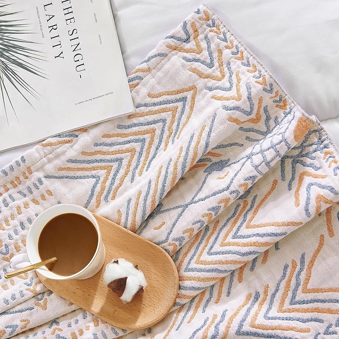 jinchan Boho 100% Cotton Muslin Twin Size 60x80 Throw Blanket Lightweight 4-Layer Orange Reversible Blanket Washable Breathable Geometric Striped Pattern Soft Comfy for Couch Bed Decor All Seasons-Ruum Studio Home