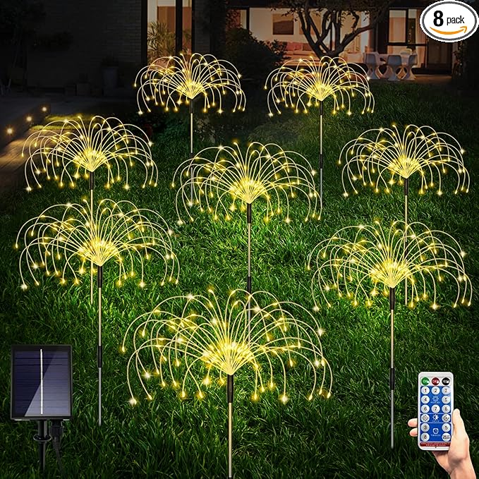 Maleyt Solar Garden Lights 8 Pack, Solar Powered Outdoor Decorative Lamps, 120 LED Solar Firework Lights with Remote Control, 8 Modes Waterproof DIY Landscape Lighting for Backyard Garden Decoration-Ruum Studio Home