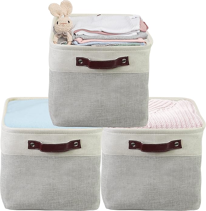 SIMPLE HOUSEWARE Large Fabric Storage Bin, 15" x 11" with Leather Like Handles, 3 Pack, Gray-Ruum Studio Home