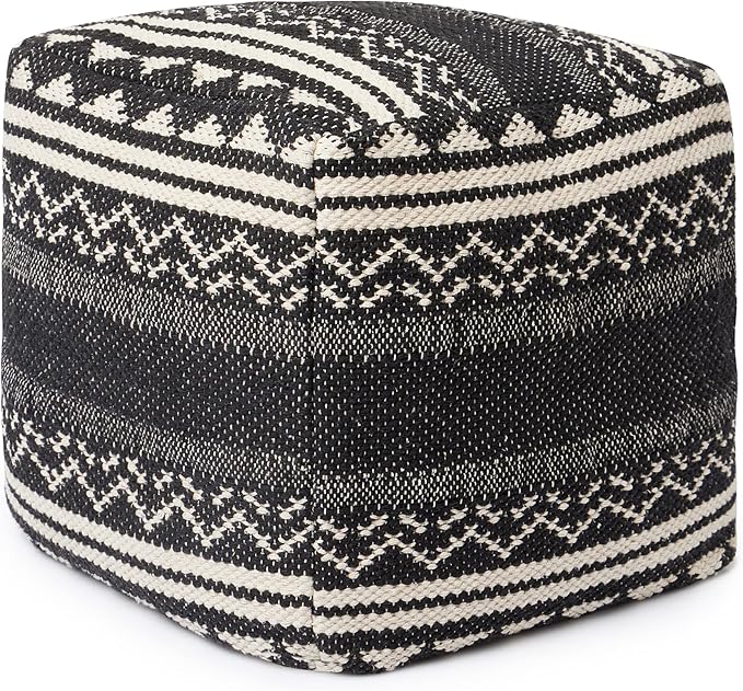 REDEARTH · Tufted Pouf Ottoman with Filler Textured Storage Cube Bean Bag Pouffe Footrest for Living Room, Bedroom, Nursery, Kidsroom; 100% Cotton (17.5"X17.5"X17.5", Ziggurat Obsession Black)-Ruum Studio Home