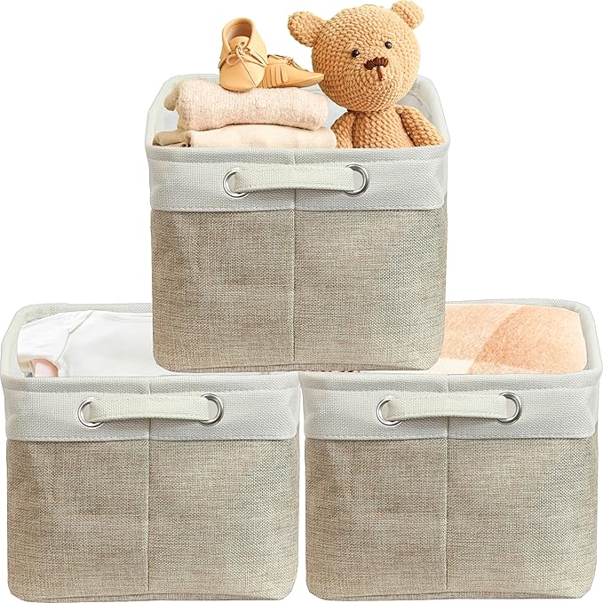 SIMPLE HOUSEWARE Large Fabric Storage Bin, 14.4" x 10" with Handles, 3-Pack, Foldable Organizer for Closet and Shelf, Beige-Ruum Studio Home