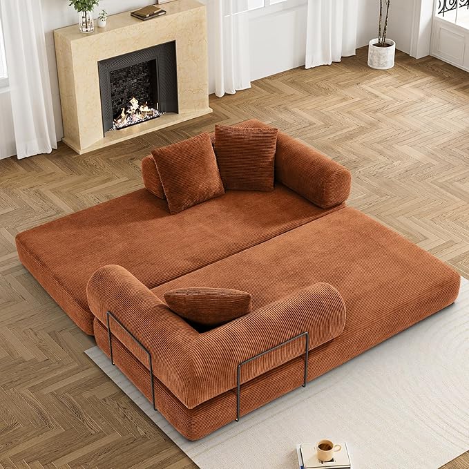 Convertible Sleeper Sofa Bed with Pillow, 4-in-1 Corduroy Folding Mattress Couch with Fixed-Shape Frame, Futon Fold Out Floor Sofa Cama Lounge Couch for Living Room Bedroom, Orange-Ruum Studio Home