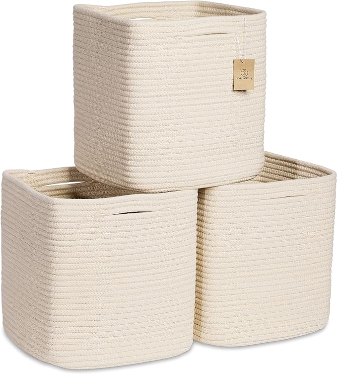 NaturalCozy Storage Cubes 11 Inch Cotton Rope Woven Baskets for Organizing, 3-Pack | Cube Storage Bin | Square Storage Baskets for Shelves Organizer, Classroom, Kids Toy Bins, Closet, Baby Nursery-Ruum Studio Home