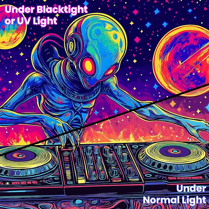 BVBOX Blacklight Space Alien Tapestry 79"x59", UV Reactive DJ Alien Universe Galaxy Planet Glow in Dark Music Tapestries, Black Light Neon Upright Poster Wall Hanging Backdrop Decor for Bedroom Living Room-Ruum Studio Home