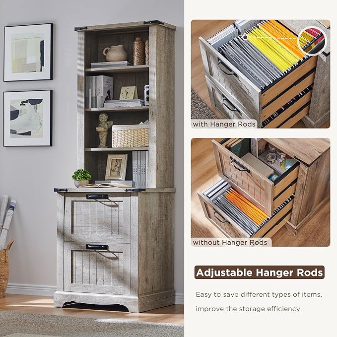 RedLemon Bookcase with 2 File Drawers, 72" Tall Farmhouse Bookshelf with Storage and Adjustable Shelves, 4 Tier Rustic Wood Bookshelf with Cabinet for Home Office, Living Room (Light Rustic Oak)-Ruum Studio Home