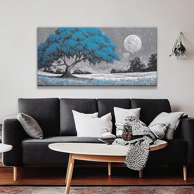 TAIJXAGSG Wall Art For Living Room Blue Tree Moon Canvas Art Wall Print Decor Artwork Print Painting 24" X 48" Modern Wall Art Picture For Bedroom Modern Salon Kitchen Office Home Wall Decor-Ruum Studio Home