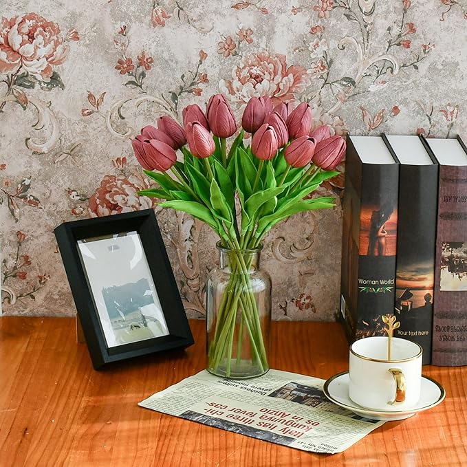 Mandy's Artificial Tulips 20 Stems Mauve PU Faux Flowers for Wedding Home Decor 13.5 Inch-Ruum Studio Home