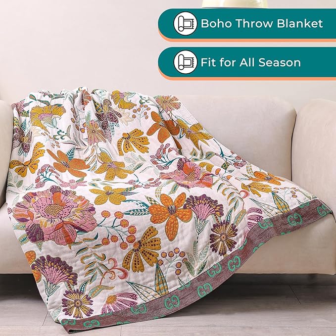 Boho Rustic Throw Blanket,100% Cotton Soft Vintage Bed Throw Blankets Floral Farmhouse Decor Throws,Reversible Throw for Sofa Couch, 60"×80" for All Seasons -White-Ruum Studio Home