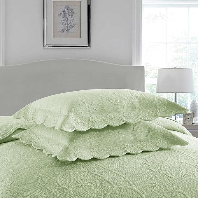 MarCielo 3-Piece 100% Cotton Oversized Bedspread Lightweight Quilt Coverlet Embroidery Farmhouse Bedding Set (TX Pale Green, Oversized Queen (100"x106"))-Ruum Studio Home