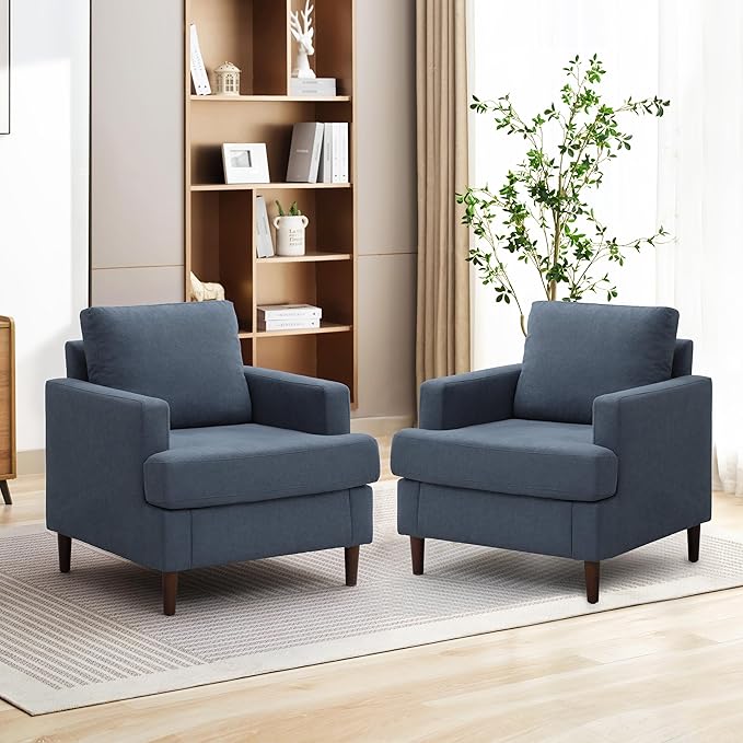 Mid-Century Accent Chair,Modern Linen Fabric Armchair for Living Room,Comfy Upholstered Reading Accent Chairs for Bedroom,Single Sofa Chair with Wood Legs (Blue Grey, 2 Pack)-Ruum Studio Home