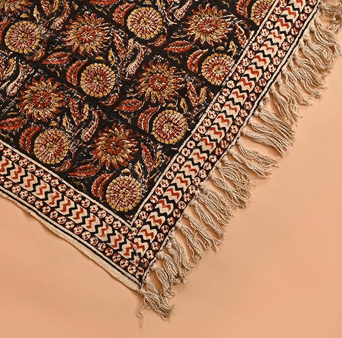 Bohemian Mud Cloth Handmade Throw with Tassels - 120x180 CM Handblock Printed Floral Cotton Blanket, Soft Handloom Sofa Throw for Living Room, Bed, Couch & Home Décor-Ruum Studio Home