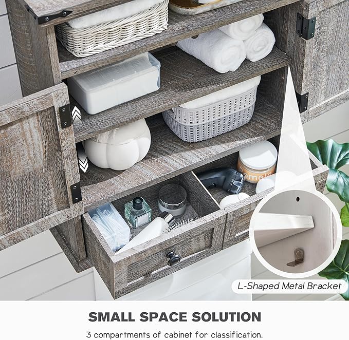 Bathroom Wall Cabinet, Farmhouse Medicine Cabinet, 24" Wide Cabinet with Drawer, Adjustable Shelf, Double Barn Doors, Storage Cabinet for Bathroom, Kitchen, Living Room, Grey Wash-Ruum Studio Home