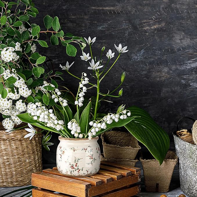 Vintage Planter Large Ceramic Plants Pot Beige Red Rustic Floral Ice Crack Cottage Scroll Vase Flower Vase Pot Indoor Plants Home Kitchen Decor Farmhouse Antique Decorative Gifts-Ruum Studio Home