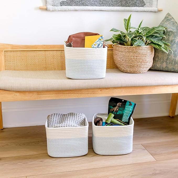 NaturalCozy Storage Cubes 9”x9”x7”Cotton Rope Woven Baskets for Organizing 3-Pack | 9 Inch Cube Storage Bin | Small Basket for Shelf Nursery, Pantry, Decorative Plant, Bathroom Closet, Toy Gift-Ruum Studio Home