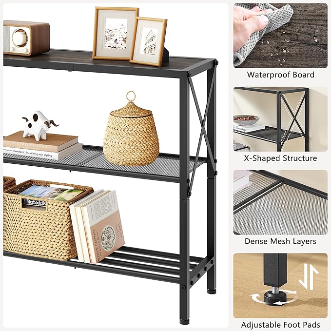 Hoctieon Industrial Console Table, 3 Tier Entryway Table, Hallway Table, Narrow Sofa Table with Shelves, Entrance Table for Entryway, Living Room, Foyer, Hallway, Office, Grey-Ruum Studio Home
