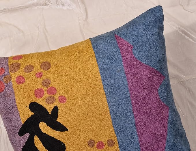 Matisse Gold Pillow Cover Purple Modern Pillowscase Chair Cushion Abstract Farmhouse Flower Outdoor Mid Century Hand Embroidered Wool Size 18x18-Ruum Studio Home