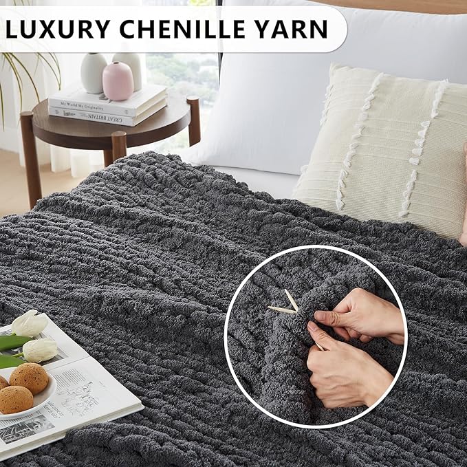 L'AGRATY Chunky Knit Blanket Throw - Soft Chunky Throw Blanket 30x40: 100% Hand Kintted Chenile Crochet Throw Blanket for Couch - Large Cable Knit Chunky Blanket for Home Decor(Dark Grey)-Ruum Studio Home