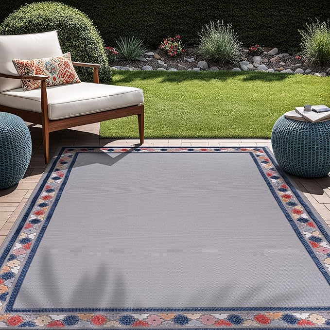 Beverly Rug Outdoor Rug 6x9 Modern Bordered Area Rugs for Indoor and Outdoor Patio Easy to Clean Non Shedding Living Room Porch Garden Washable Outside Carpet (6 x 9 Gray)-Ruum Studio Home