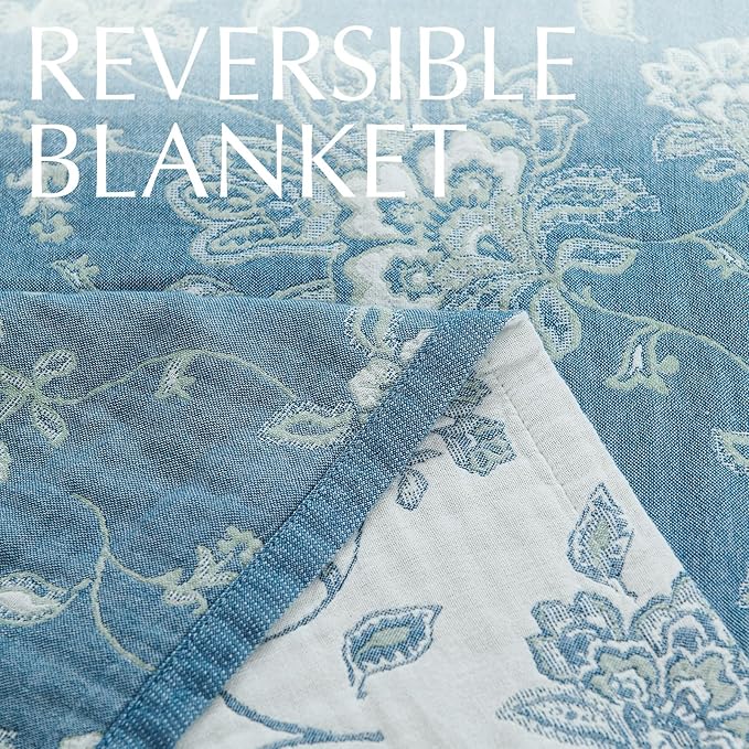 jinchan Boho 100% Cotton Muslin Queen Size 80x90 Inches Blanket Lightweight 4-Layer Quilted Soft Blue and White Floral Throw Blanket Green Accents Reversible Comfy Flower Rustic Summer Couch Bedroom-Ruum Studio Home