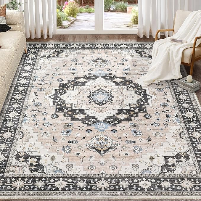 Washable Area Rugs for Living Room - 9x12 Neutral Vintage Distressed Floral Farmhouse Boho Large Soft Floor Rug Indoor Non Slip Carpet for Bedroom Dining Room Office - Pink/Dark Green-Ruum Studio Home