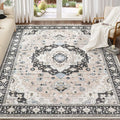 Washable Area Rugs for Living Room - 9x12 Neutral Vintage Distressed Floral Farmhouse Boho Large Soft Floor Rug Indoor Non Slip Carpet for Bedroom Dining Room Office - Pink/Dark Green-Ruum Studio Home