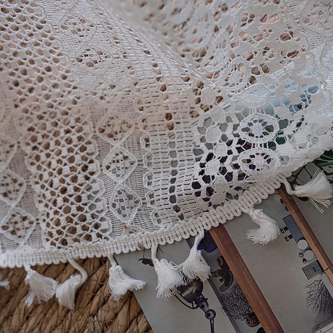 Sutuo Home Boho Sheer Curtain Valance Crochet Lace with Bohemian Hollow Knitted Handmade Tassels, Short Farmhouse Window Treatment for Kitchen Cafe, Rod Pocket, 1 Panel 59" W x 24" L, White-Ruum Studio Home
