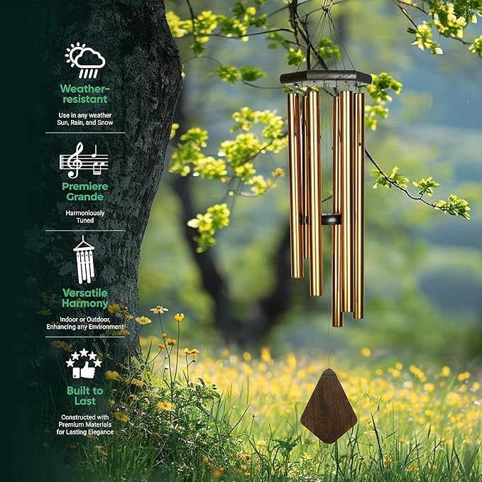 Nature’s Melody Premiere Grande Tunes Wind Chimes – Outdoor Windchime with 6 Tubes Tuned to E Pentatonic Scale, Rustproof Aluminum, Beech Wood & S Hook Hanger for Sympathy, Memorial Gift or Zen Garden-Ruum Studio Home