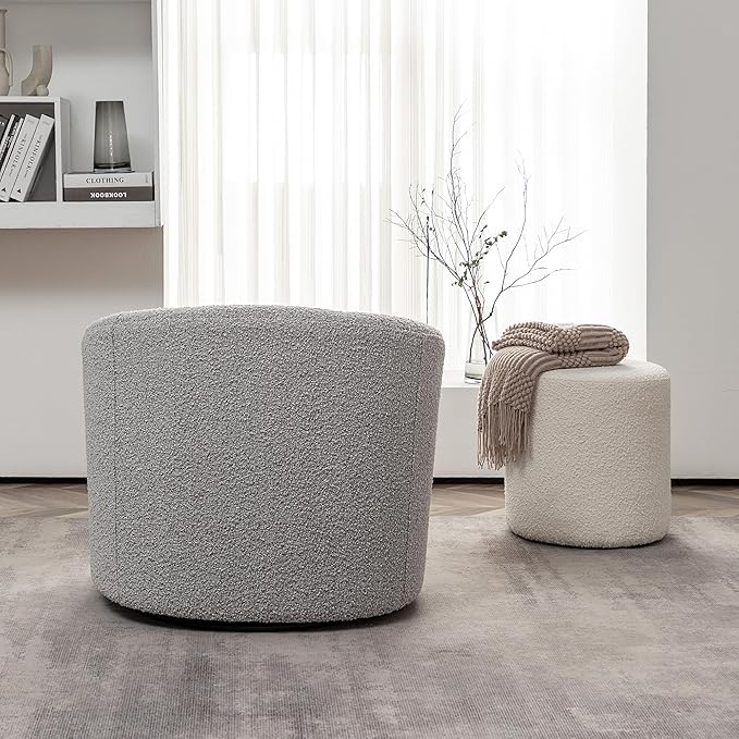 KINWELL 34" Boucle Swivel Barrel Chair with 18" Round Ottoman Set, Fully Assembled Set of Sherpa Accent Chair and Footrest, Modern Comfy Armchair and Footstool for Living Room and Bedroom, Black White-Ruum Studio Home