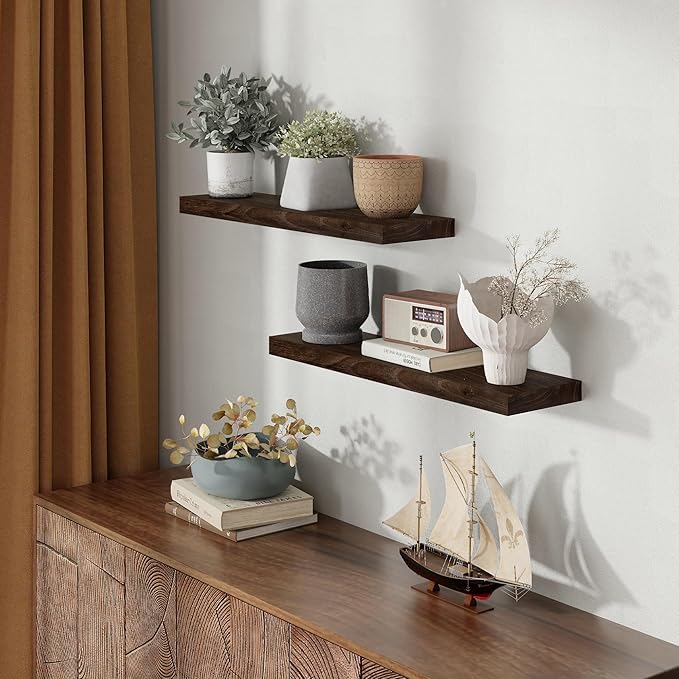 Rustic 30" Floating Shelves, Real Elm Wood Floating Shelf for Wall, Heavy-Duty Wall Shelves for Books, Wooden Floating Shelves with Invisible Bracket for Bathroom, Kitchen, Walnut Color, Set of 2-Ruum Studio Home