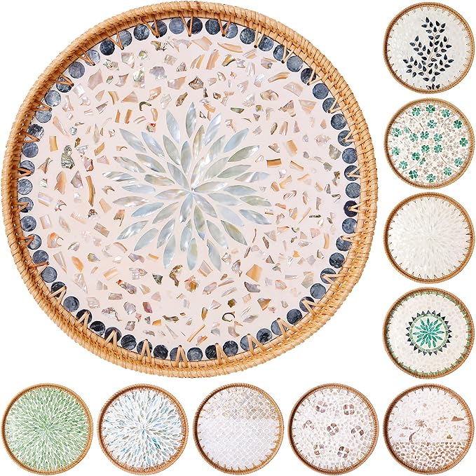 Round Rattan Tray with Mother of Pearl Inlay & Wooden Base - Decorative Wicker Serving Tray for Coffee/Bread/Fruits, Food Storage & Display - Multipurpose Home Decor (L,Blue Shells)-Ruum Studio Home