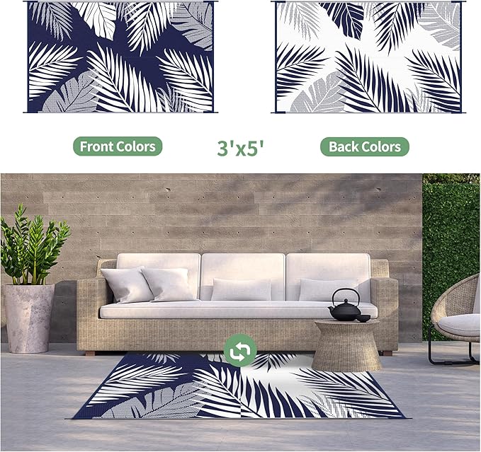GENIMO Outdoor Rug 3' x 5' Waterproof for Patios Clearance, Reversible Outdoor Plastic Straw Camping Rug Carpet, Large Area Rugs Mats for RV, Camper, Deck, Balcony, Porch, Beach, Navy Blue&White-Ruum Studio Home