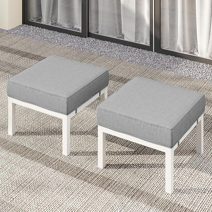 Solaste Outdoor Footstools Patio Ottoman Set of 2, Aluminum All-Weather Outdoor Footrest Seat with Removable Cushions, Patio Furniture Ottomans for Garden, Backyard, Poolside-White-Ruum Studio Home