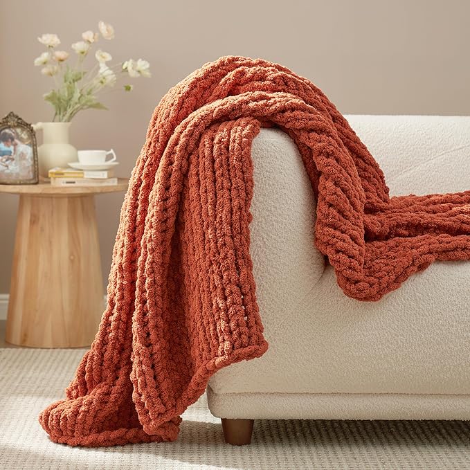 Amélie Home Chunky Knit Throw Blanket for Couch, Soft Chenille Crochet Blanket for Sofa, 50"x60", Burnt Orange-Ruum Studio Home