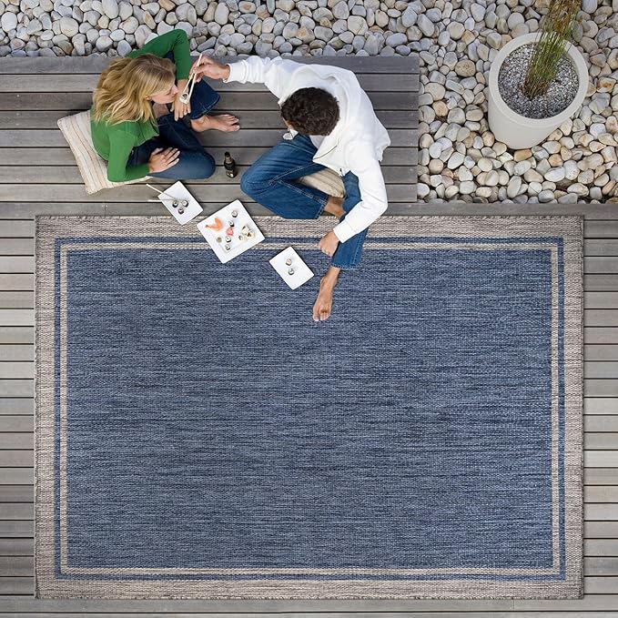 CAMILSON Outdoor Rug, 5x7 Bordered Navy Blue Gray Modern Area Rugs for Indoor and Outdoor Patios, Porches Waterproof Washable Porch Deck Outside Carpet (Bordered Navy, 5 x 7)-Ruum Studio Home