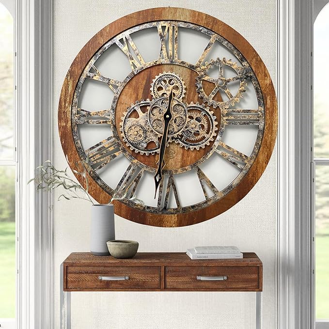 The Gears Clock The Original Real Moving Gear Wall Clock Vintage Industrial Oversized Rustic Farmhouse (24 inch (60cm), Vintage Brown)-Ruum Studio Home