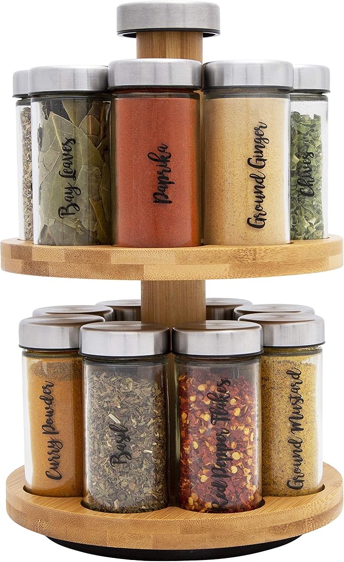 Orii 16 Jar Spice Rack with Spices Included - Rotating Countertop 2 Tier Tower Organizer for Kitchen Spices and Seasonings, (Bamboo Wood)-Ruum Studio Home