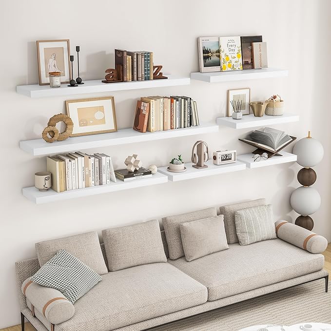 RICHFOCUS 48Inch Floating Shelves for Wall 2 Pack Shelves for Bedroom|Kitchen|Bathroom Wall Mounted Rustic Wood Floating Shelf with Invisible Brackets for Books|Storage|Decor, White-Ruum Studio Home