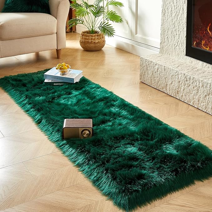 AMTOVO Faux Fur Rug, Dark Green Ultra Soft Fluffy Shag Sheepskin Rug, 2 x 6 ft Runner Area Rugs for Bedroom Sofa Throw Cushion Room Decor, Rectangle-Ruum Studio Home