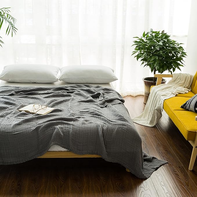 EMME Cotton Blanket Queen Size for Bed Soft Large Muslin Bed Blankets 90"*90" Lightweight Breathable Grey Blanket All Season Gauze Blanket, Grey-Ruum Studio Home
