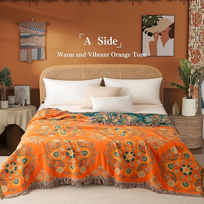 Boho Throw Blanket Full Size, Extra Large Soft Cozy Cotton Muslin Quilt Blanket for Bed Decor, Floral Patterned Couch Sofa Chair Cover, Vintage Farmhouse Cottage Woven Blanket, Orange&Green-Ruum Studio Home