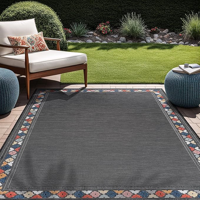 Beverly Rug Outdoor Rug 6x9 Modern Bordered Area Rugs for Indoor and Outdoor Patio Easy to Clean Non Shedding Living Room Porch Garden Washable Outside Carpet (6 x 9 Dark Gray)-Ruum Studio Home