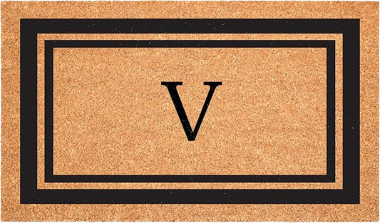 Calloway Mills 152962448 Black Border 24" x 48" Monogram Doormat (Letter V)-Ruum Studio Home