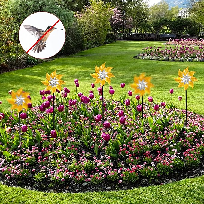 Hausse 10 Pack Reflective Pinwheels with Stakes, Extra Sparkly Pin Wheel for Garden Decor, Bird Repellent Devices Deterrent to Scare Birds Away from Yard Patio Farm, Golden-Ruum Studio Home