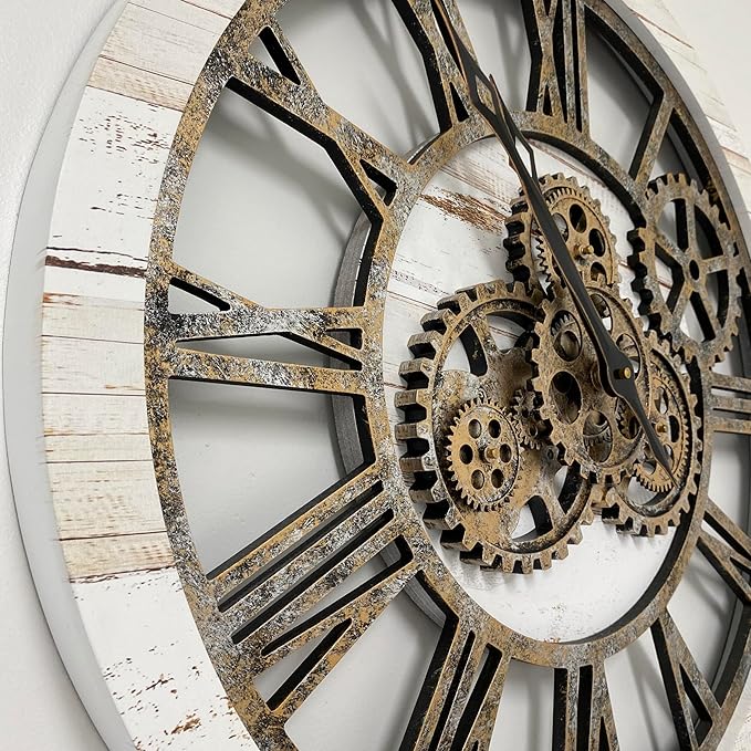 The Gears Clock The Original Real Moving Gear Wall Clock Vintage Industrial Oversized Rustic Farmhouse (24 inch (60cm), Vintage Desert Beige and Bronze)-Ruum Studio Home