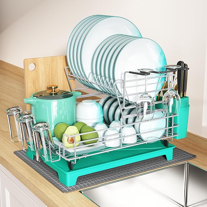 BOOSINY 2 Tier Turquoise Large Stainless Steel Dish Drainers Drying Rack for Kitchen Counter with Drainboard, Rust Proof Metal, Space Saving, Modern Aesthetic, Compact Plates Strainers with Extra Mat-Ruum Studio Home