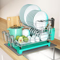 BOOSINY 2 Tier Turquoise Large Stainless Steel Dish Drainers Drying Rack for Kitchen Counter with Drainboard, Rust Proof Metal, Space Saving, Modern Aesthetic, Compact Plates Strainers with Extra Mat-Ruum Studio Home