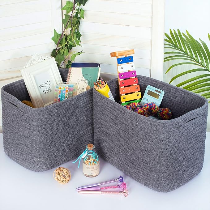 MINTWOOD Design 3-Pack Decorative Woven Storage Baskets for Shelves, Cube Bin Box for Organizing Books, Shoes, Dog Toys, Pantry Closet and Living Room Organizer, Charcoal Gray-Ruum Studio Home