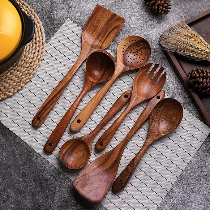 Wooden Non-Stick Kitchen Pan Toolset 7 Pieces Set,100% Natural Teak Kitchen Utensils Spatula, Wooden Cooking Utensils Spoons, Fried Spatula and Salad Fork-Ruum Studio Home