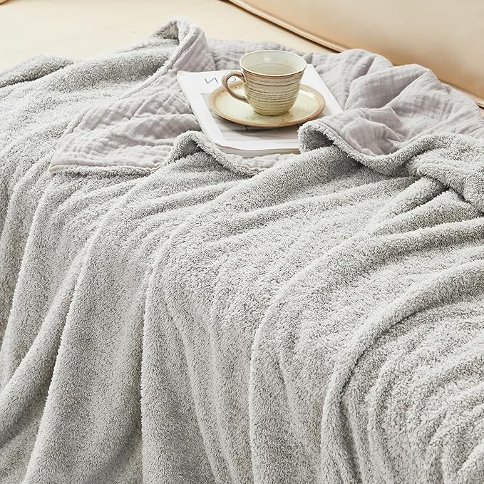 EMME Muslin and Fleece Queen Blanket Reversible - 80"*90" Grey Soft Warm Throw Blankets for Couch Bed Picnic Travel Bed-Ruum Studio Home